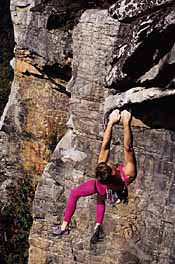Word Class climber Doug Reed climbing the endless wall area in the New River Gorge.